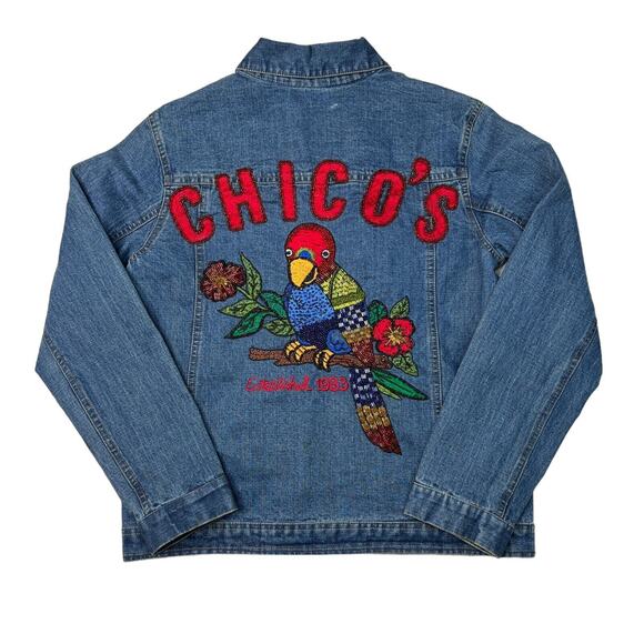 Chico's Jackets & Blazers - Chico's VTG Y2K Beaded Parrot Embellished Denim Zip Up Jacket FLAW 0 Small/4